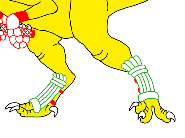 Yellow dinosaur playing cricket print