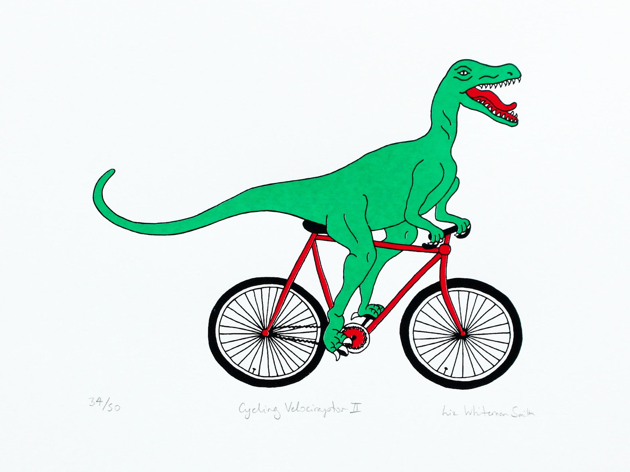 Print of a green velociraptor cycling along happily on a red bicycle