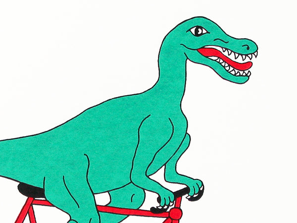 Green velociraptor cycling along happily on a red bicycle