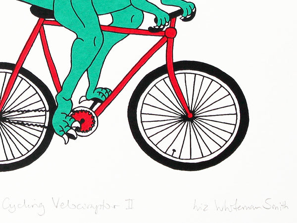 Green velociraptor cycling along happily on a red bicycle