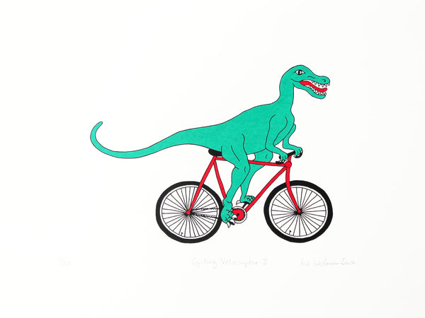 Green velociraptor cycling along happily on a red bicycle