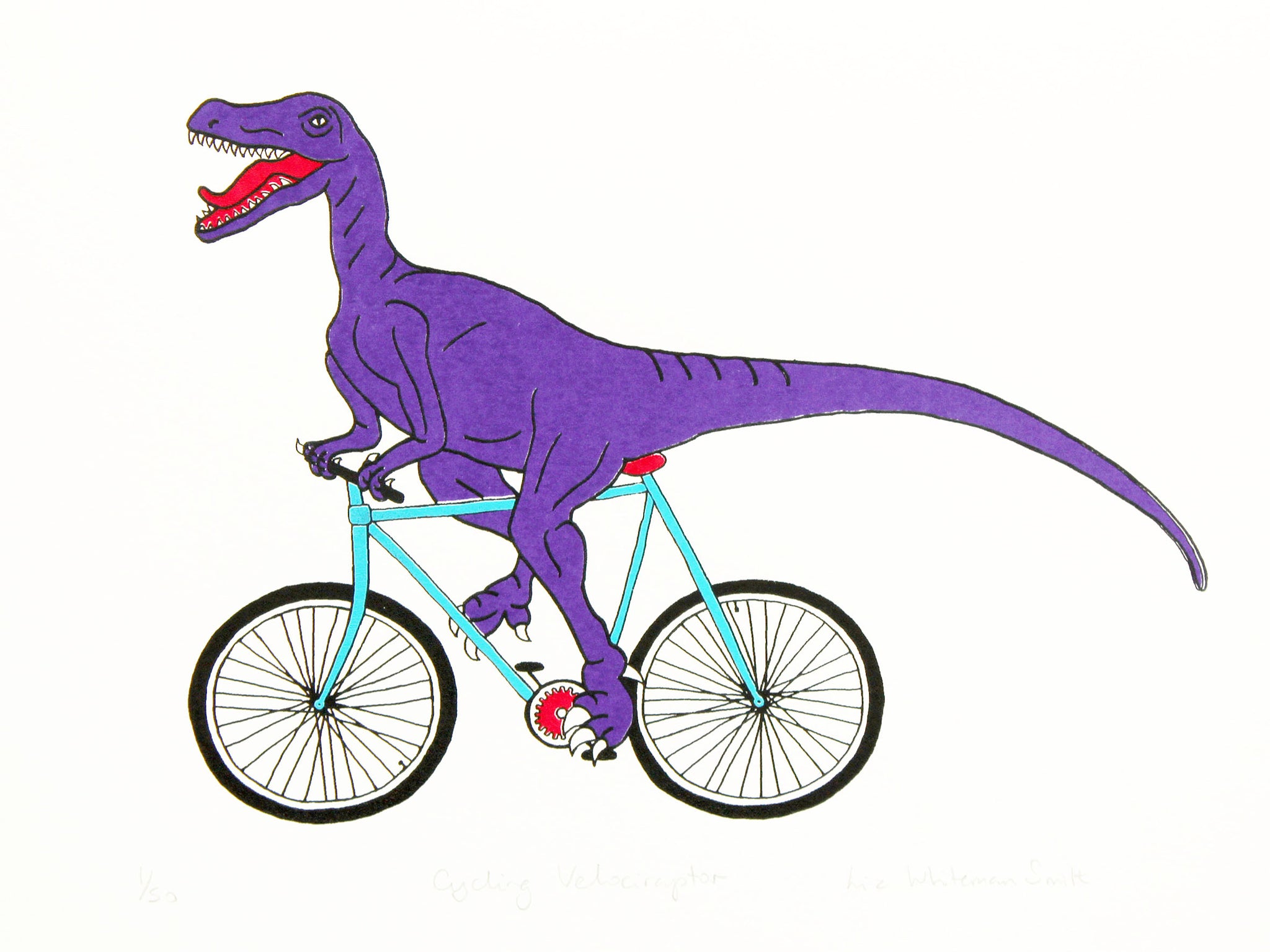 Print of a purple velociraptor cycling along happily on a teal bicycle