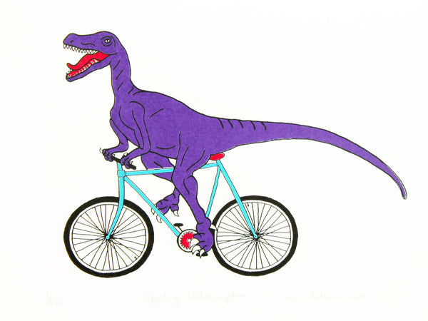 Print of a purple velociraptor cycling along happily on a teal bicycle