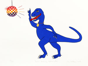 Print of a Disco dancing dinosaur with multicoloured glitter ball