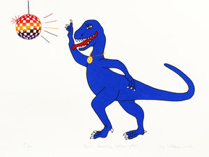 Disco dancing dinosaur with multicoloured glitter ball