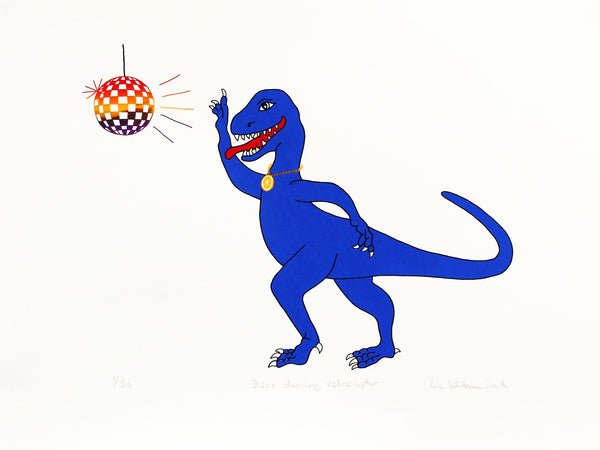 Disco dancing dinosaur with multicoloured glitter ball