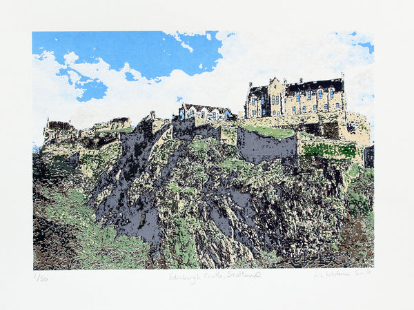 Print of a Scottish Castle on a cliff with greenery and blue sky