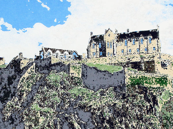 Print of a Scottish Castle on a cliff with greenery and blue sky