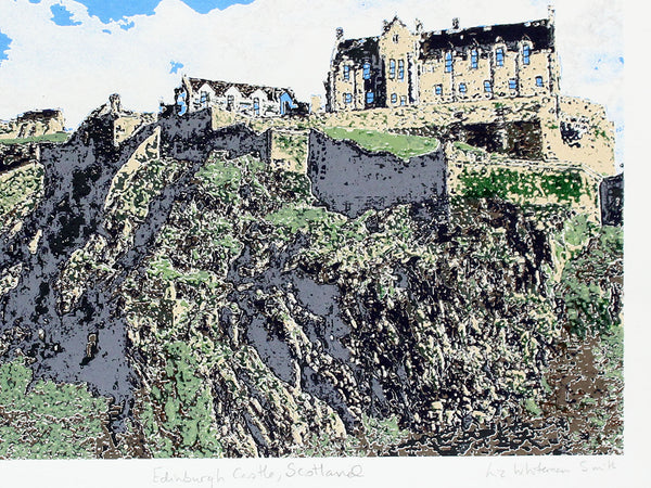Print of a Scottish Castle on a cliff with greenery and blue sky
