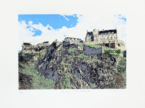 Print of a Scottish Castle on a cliff with greenery and blue sky