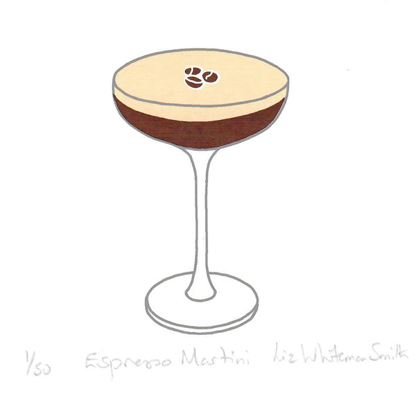 A print of a coupe glass filled with a layered drink, topped with a light beige layer and dark brown espresso layer, with three coffee beans on top. 