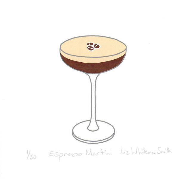 A print of a coupe glass filled with a layered drink, topped with a light beige layer and dark brown espresso layer, with three coffee beans on top. 