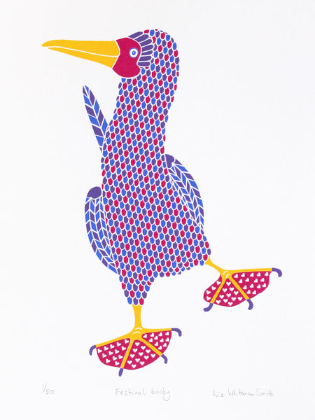 Pink, blue and purple patterned dancing booby bird with hearts on pink feet print