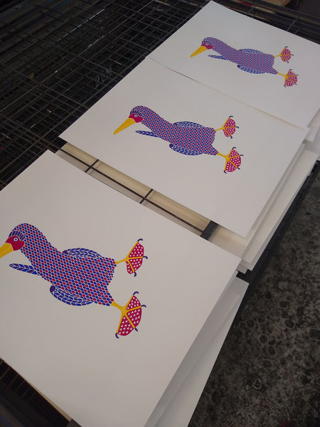 Pink, blue and purple patterned dancing booby bird with hearts on pink feet print