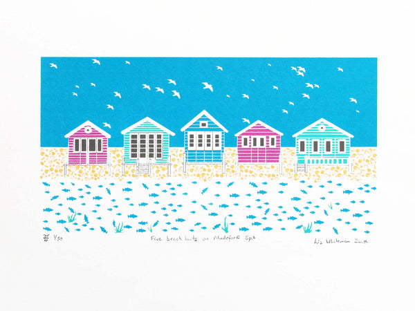 Five beach huts on Mudeford Spit screen print