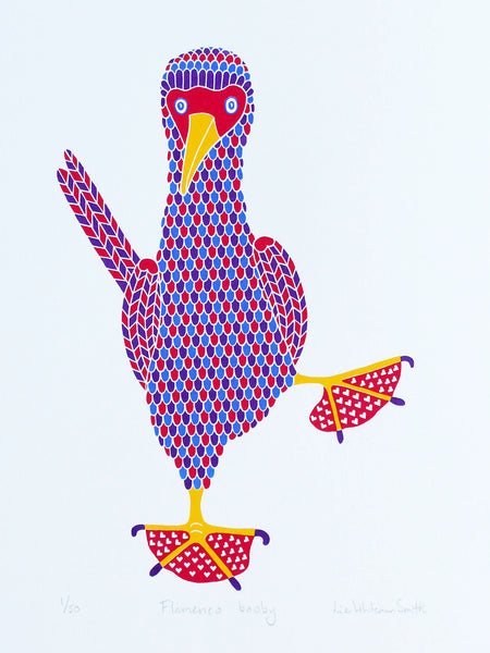 Colourful bird print with red, blue and purple pattern with hearts on red feet