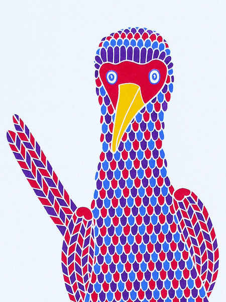 Colourful bird print with red, blue and purple pattern with hearts on red feet