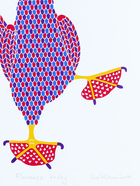 Colourful bird print with red, blue and purple pattern with hearts on red feet