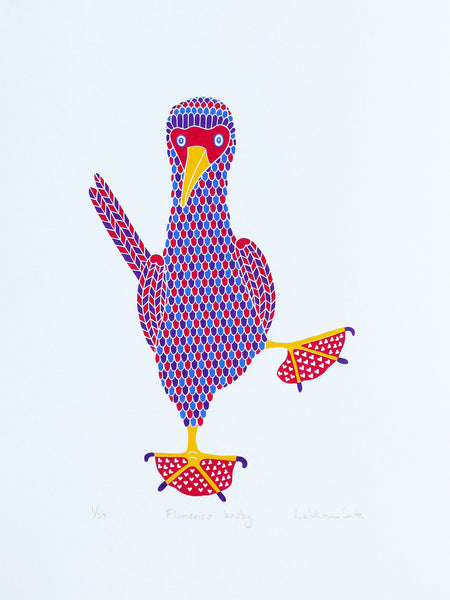 Colourful bird print with red, blue and purple pattern with hearts on red feet