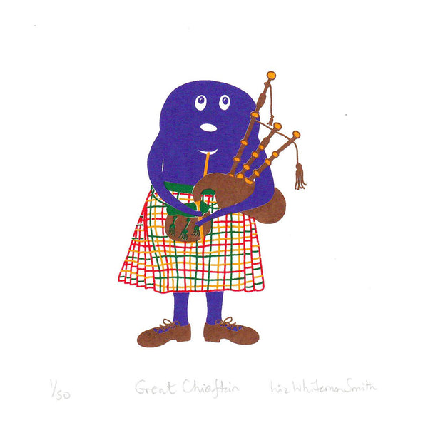 Illustration of a purple haggis character in a kilt playing bagpipes