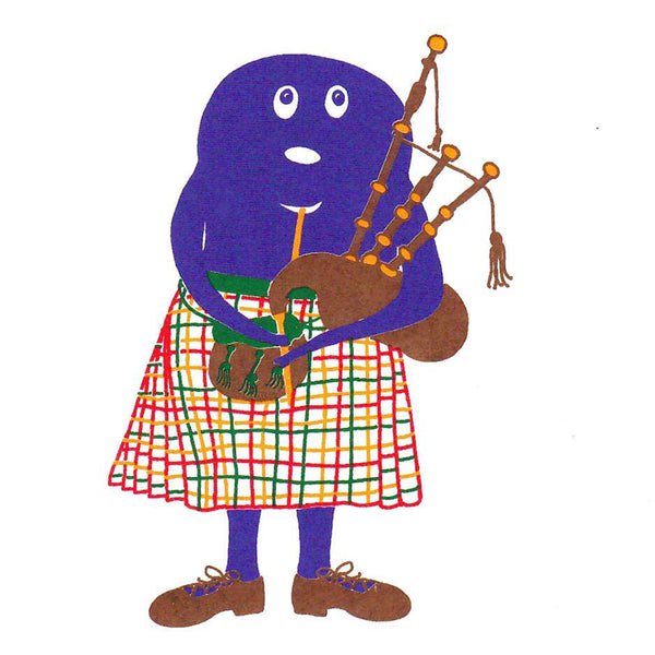 Illustration of a purple haggis character in a kilt playing bagpipes