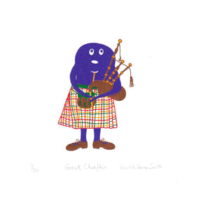 Illustration of a purple haggis character in a kilt playing bagpipes