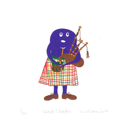 Illustration of a purple haggis character in a kilt playing bagpipes