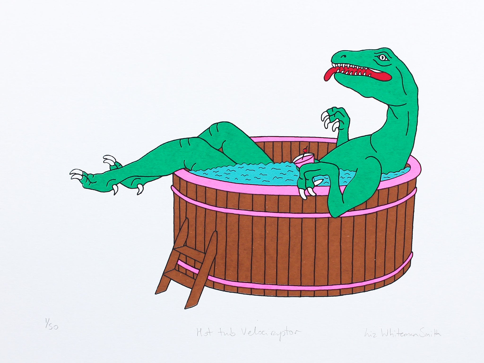 Print of a Dinosaur sitting in a Hot tub with a cocktail 