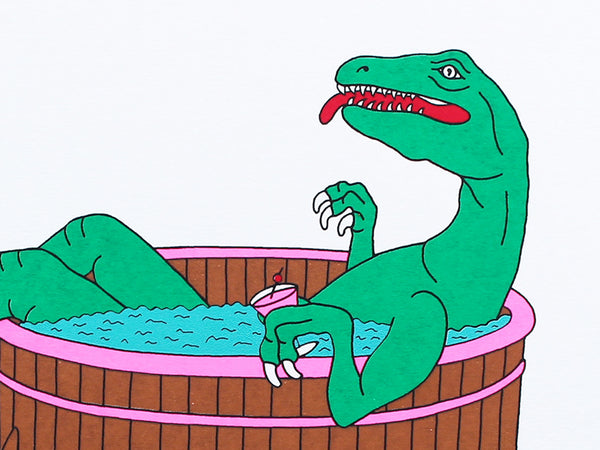 Print of a Dinosaur sitting in a Hot tub with a cocktail 