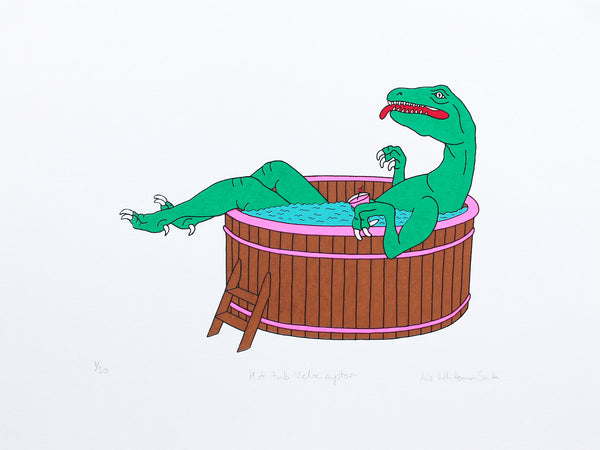 Print of a Dinosaur sitting in a Hot tub with a cocktail 