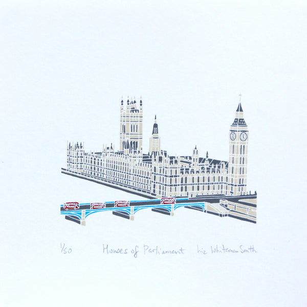 Print of the Houses of Parliament and Big Ben in London with red buses