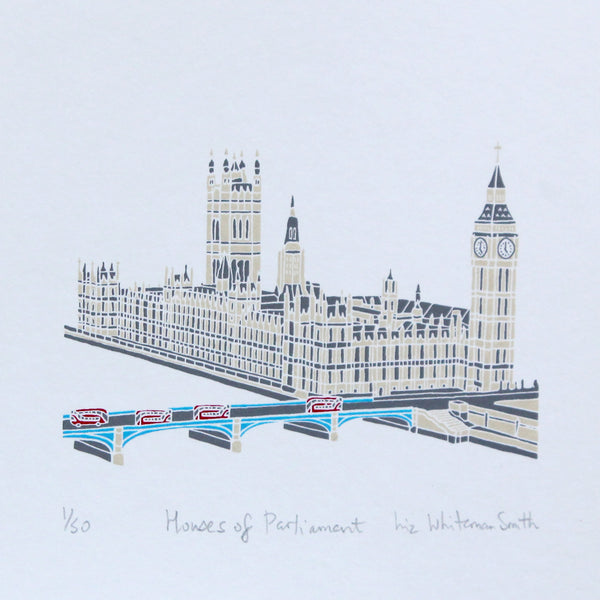 Print of the Houses of Parliament and Big Ben in London with red buses