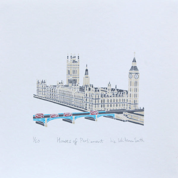 Print of the Houses of Parliament and Big Ben in London with red buses