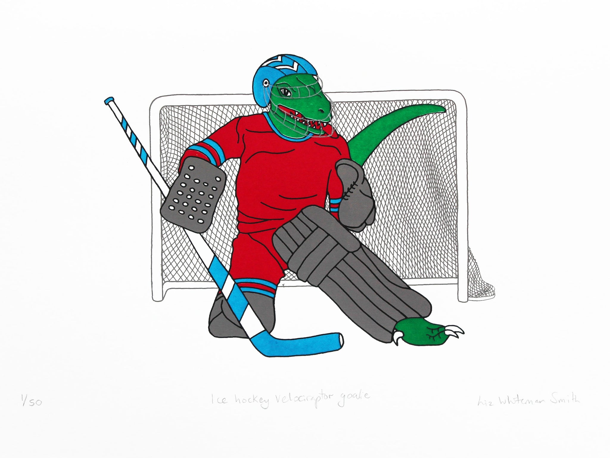 Print of a Green velociraptor wearing a red top playing ice hockey