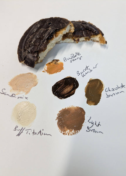 Jaffa cake with color swatches labeled on a white background