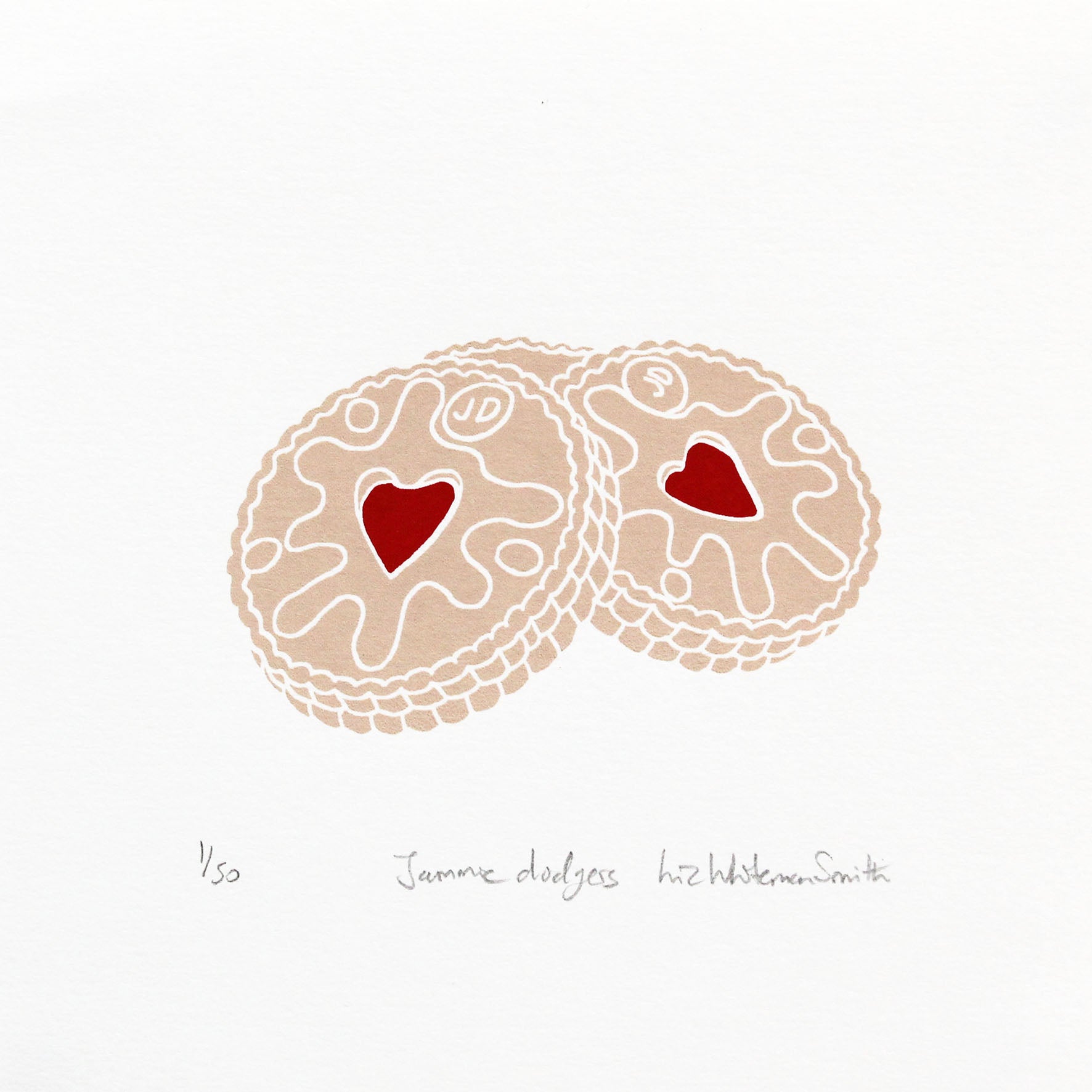 Two round cookies with red hearts in the center on a white background.