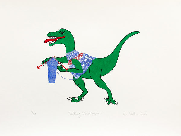 Print of a green dinosaur knitting a jumper