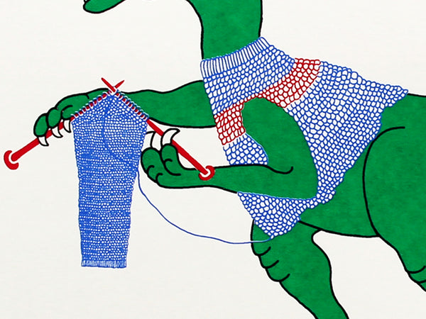 Print of a green dinosaur knitting a jumper