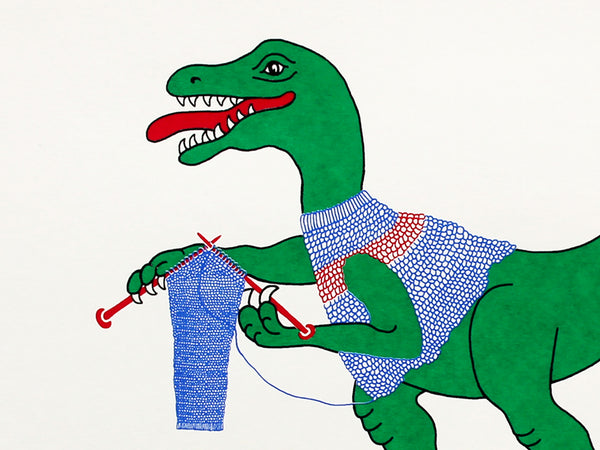 Print of a green dinosaur knitting a jumper