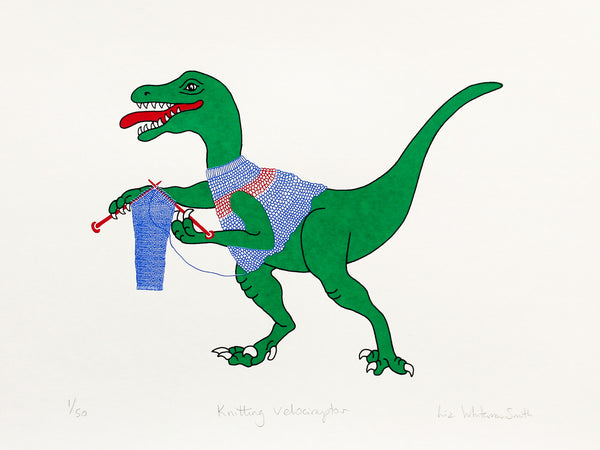 Print of a green dinosaur knitting a jumper