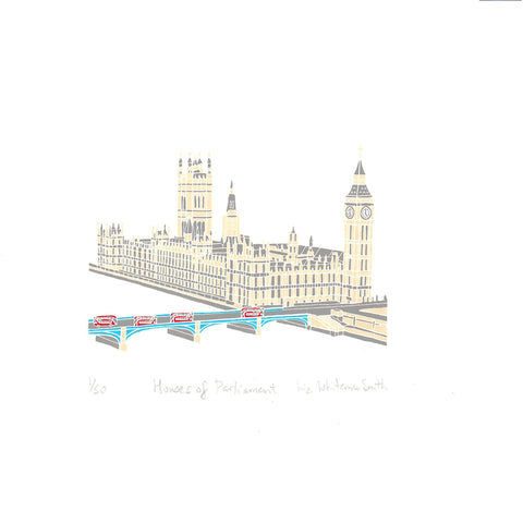 Print of the Houses of Parliament and Big Ben in London with red buses