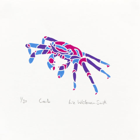 Pink, purple and blue crab screen print by Liz Whiteman Smith