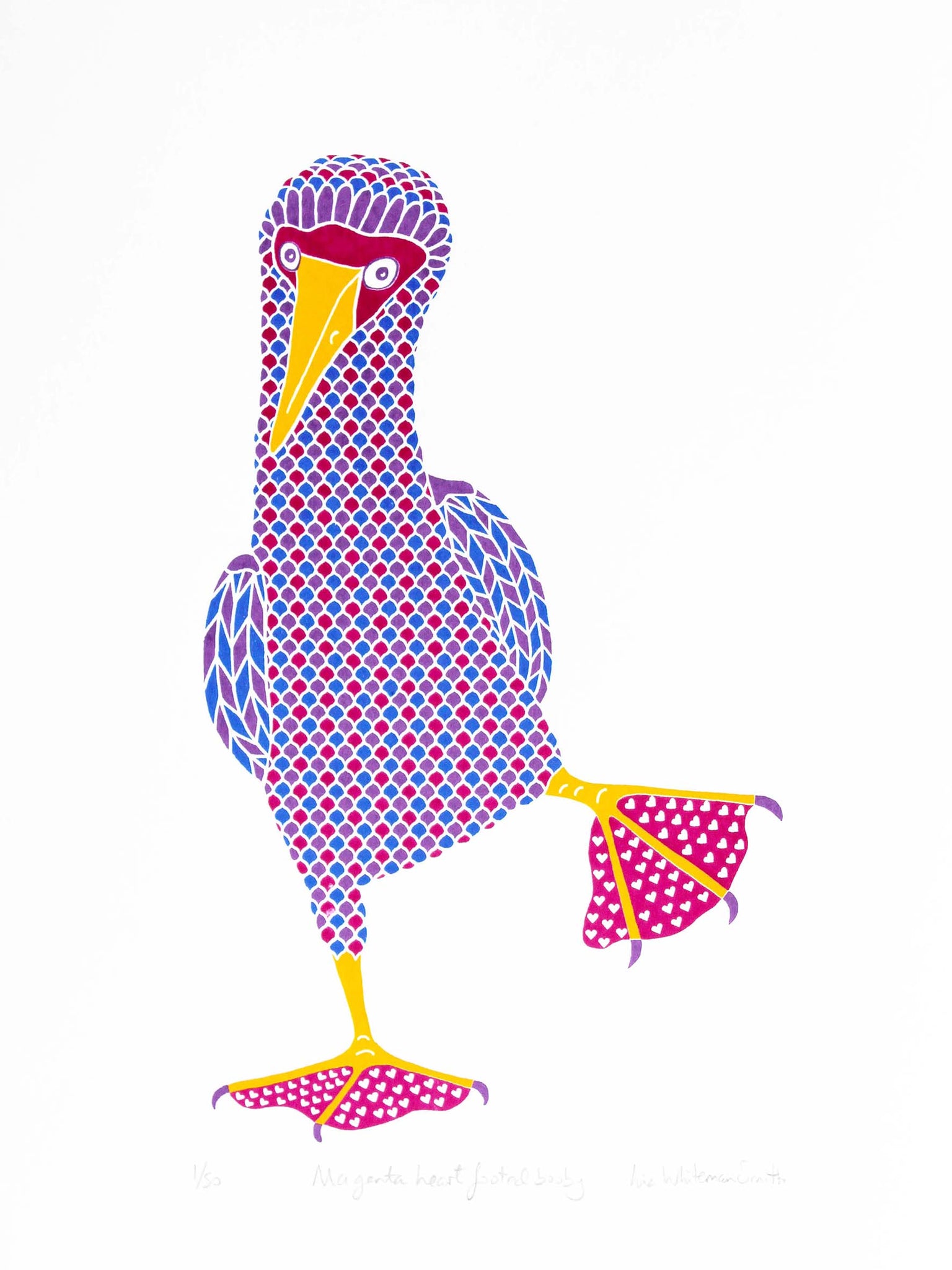 Pink patterned dancing bird print with hearts on pink feet screen print 