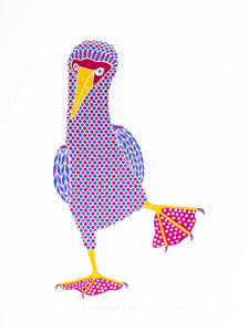 Pink patterned dancing bird print with hearts on pink feet screen print by Liz Whiteman Smith