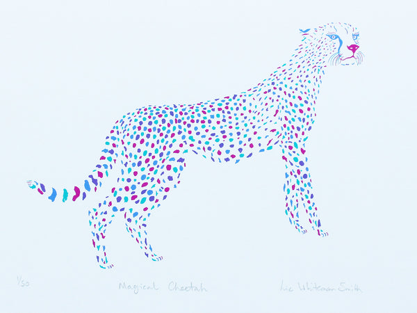 A stylised spotted cheetah  screen print on a white background