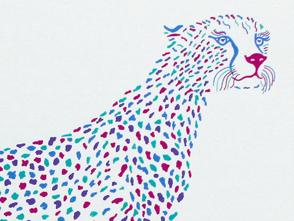 A screen print of a stylised cheetah made of colourful splodges in blue, purple, and pink on a white background, with the title 'Magical Cheetah' and the signature 'Liz Whitman Smith' written at the bottom.