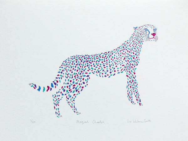 A screen print of a stylised cheetah made of colourful splodges in blue, purple, and pink on a white background, with the title 'Magical Cheetah' and the signature 'Liz Whitman Smith' written at the bottom.