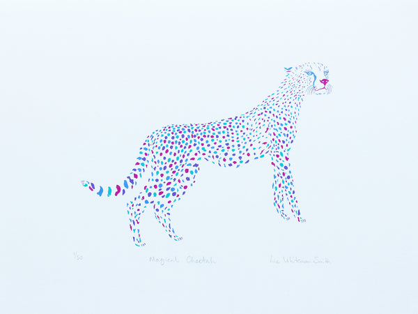 A minimalist handmade art print featuring a cheetah composed of colourful dots in blue, pink, and purple on a solid white background, with handwritten signature and edition number at the bottom
