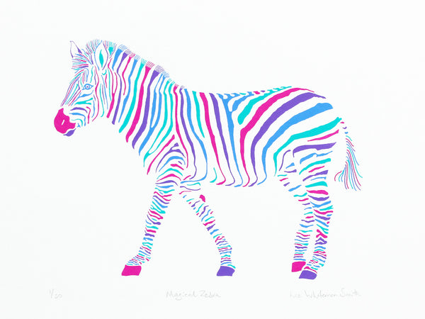 A colourful screen print of a zebra walking in profile, filled with vibrant, multicoloured zebra-stripe patterns in pink, blue, purple, and teal on a white background. Signed and numbered by artist Liz Wihiteman Smith.