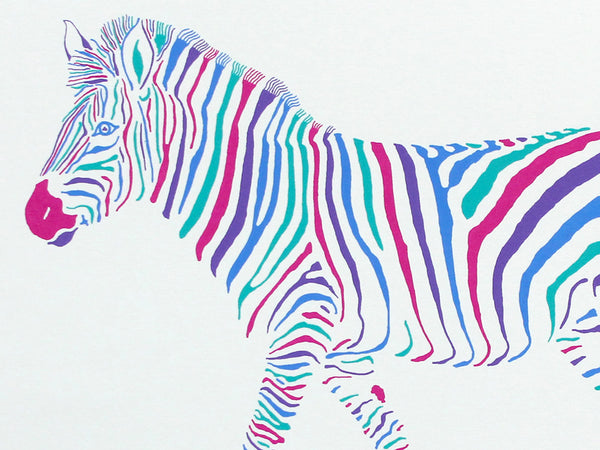 A colourful screen print of a zebra walking in profile, filled with vibrant, multicoloured zebra-stripe patterns in pink, blue, purple, and teal on a white background. Signed and numbered by artist Liz Wihiteman Smith.